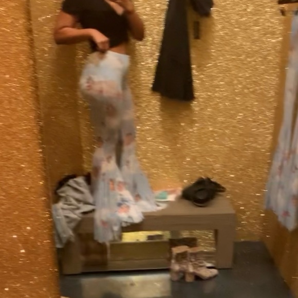 Dolls Kill Blue Cloud & Cherub Print Flared Leggings - Picture 6 of 7